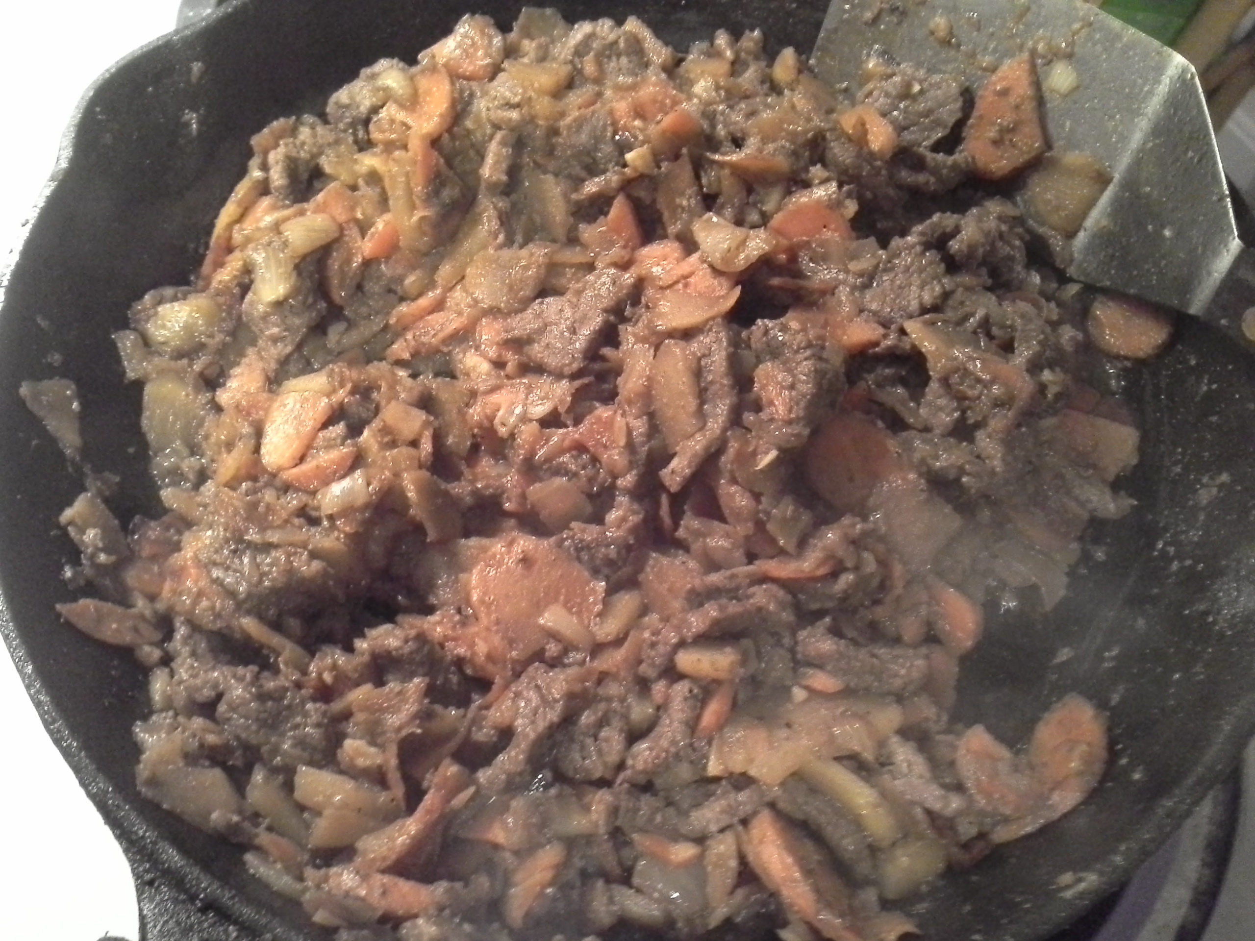 Dinner: 9:00 p.m. | 8 oz. bison, 1 carrot, 1/2 rutabaga, 1/2 sweet onion, 4 cloves garlic, 2 Tbsp. ghee, herbs & spices