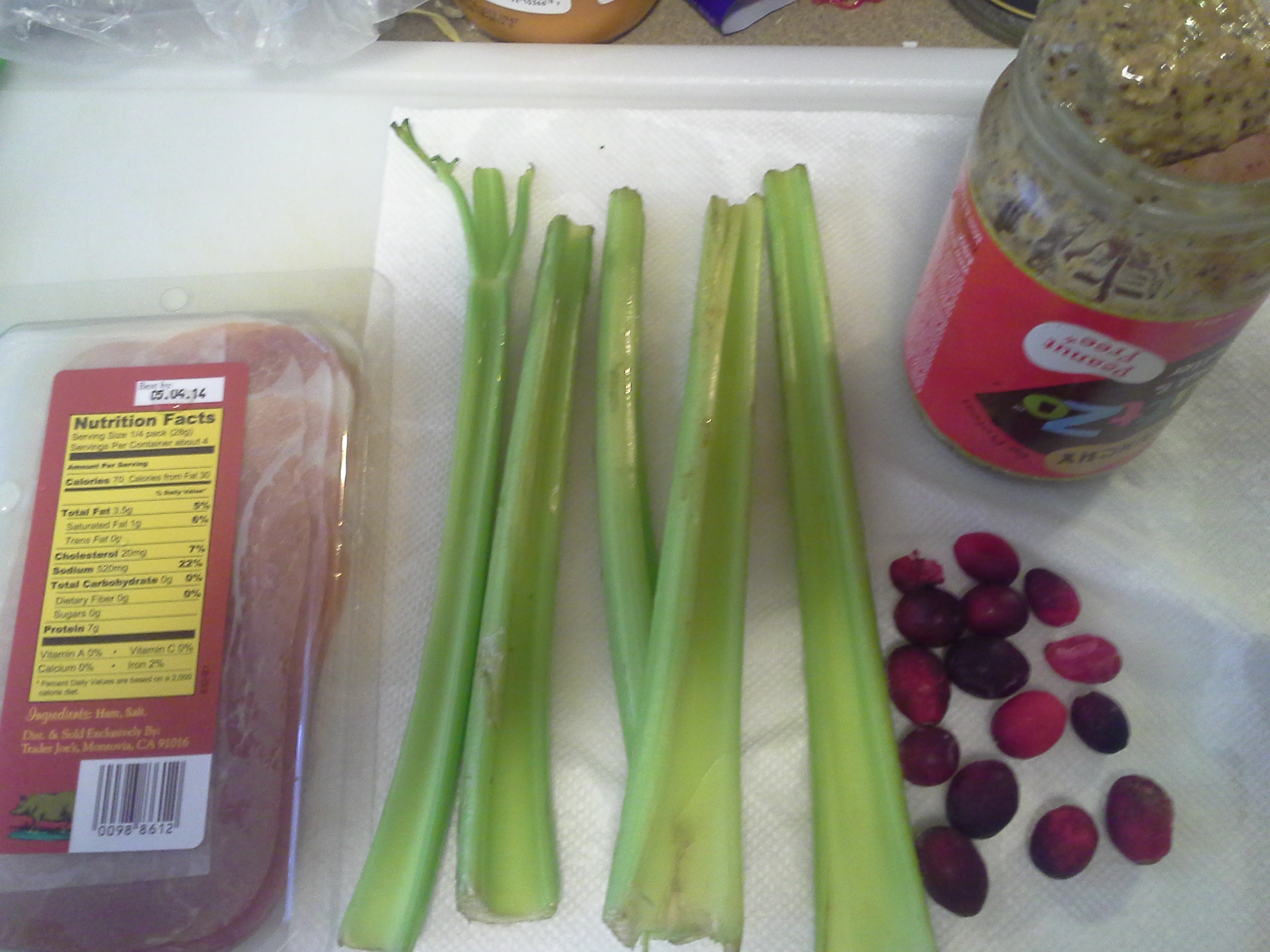 Lunch: 5:00 p.m. | 4 oz. prosciutto, 5 stalks celery, 15 cranberries, 2 Tbsp. Nuttzo nut butter