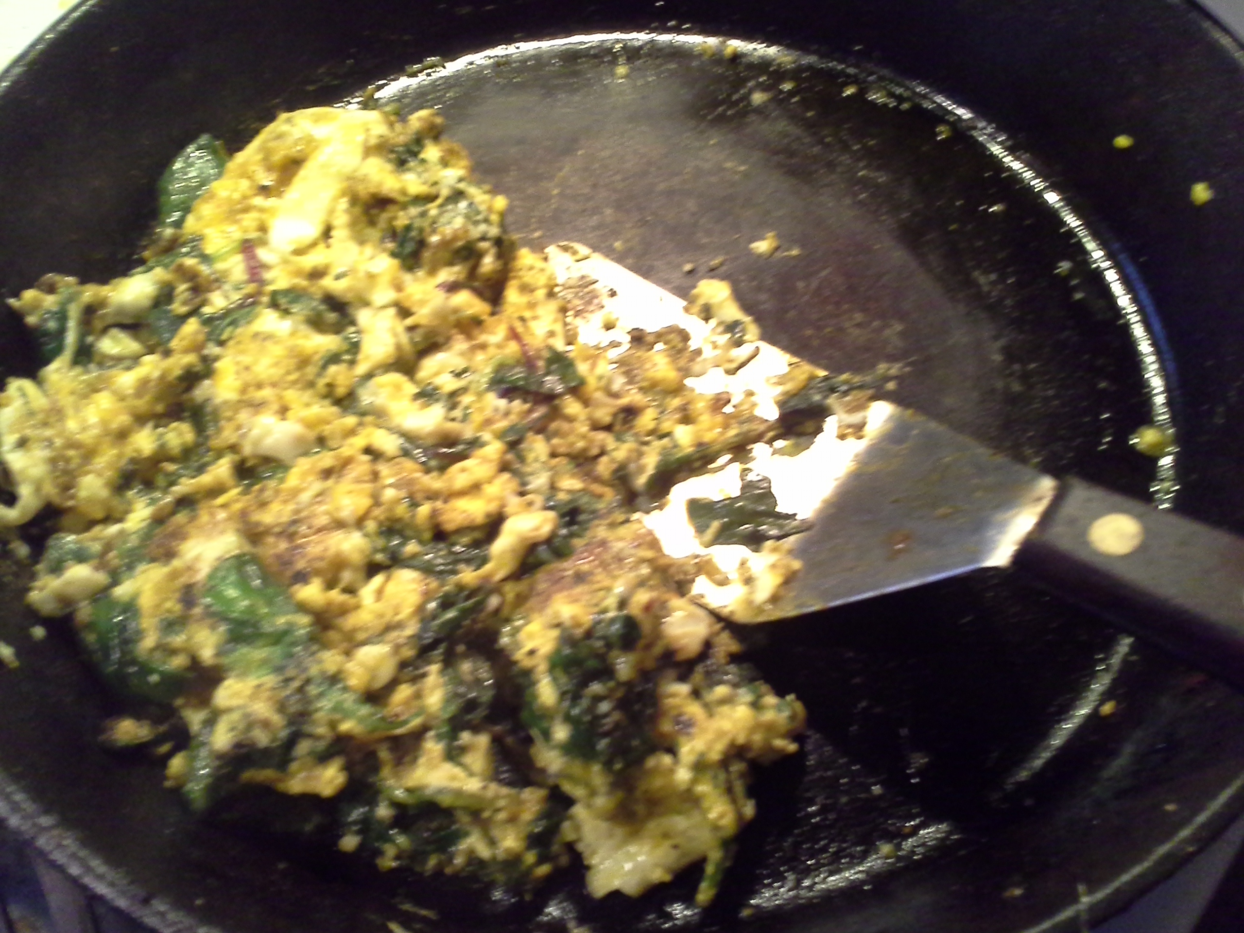 Breakfast: 9:05 a.m. | 4 eggs, 2 oz. baby kale/chard/spinach mix, 2 Tbsp. red palm oil, herbs & spices