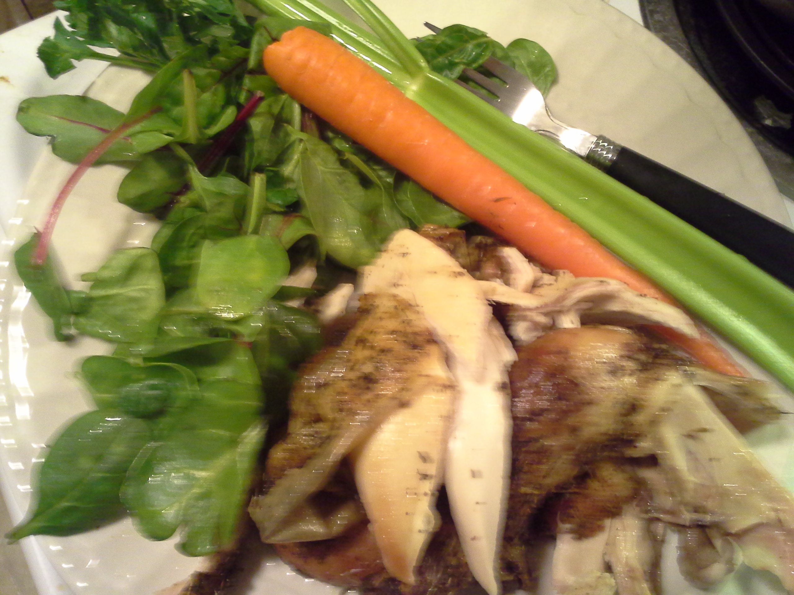 Dinner: 9:10 p.m. | Rotisserie chicken, 1.5 oz. baby kale/chard/spinach mix, 1 stalk celery, 1 carrot