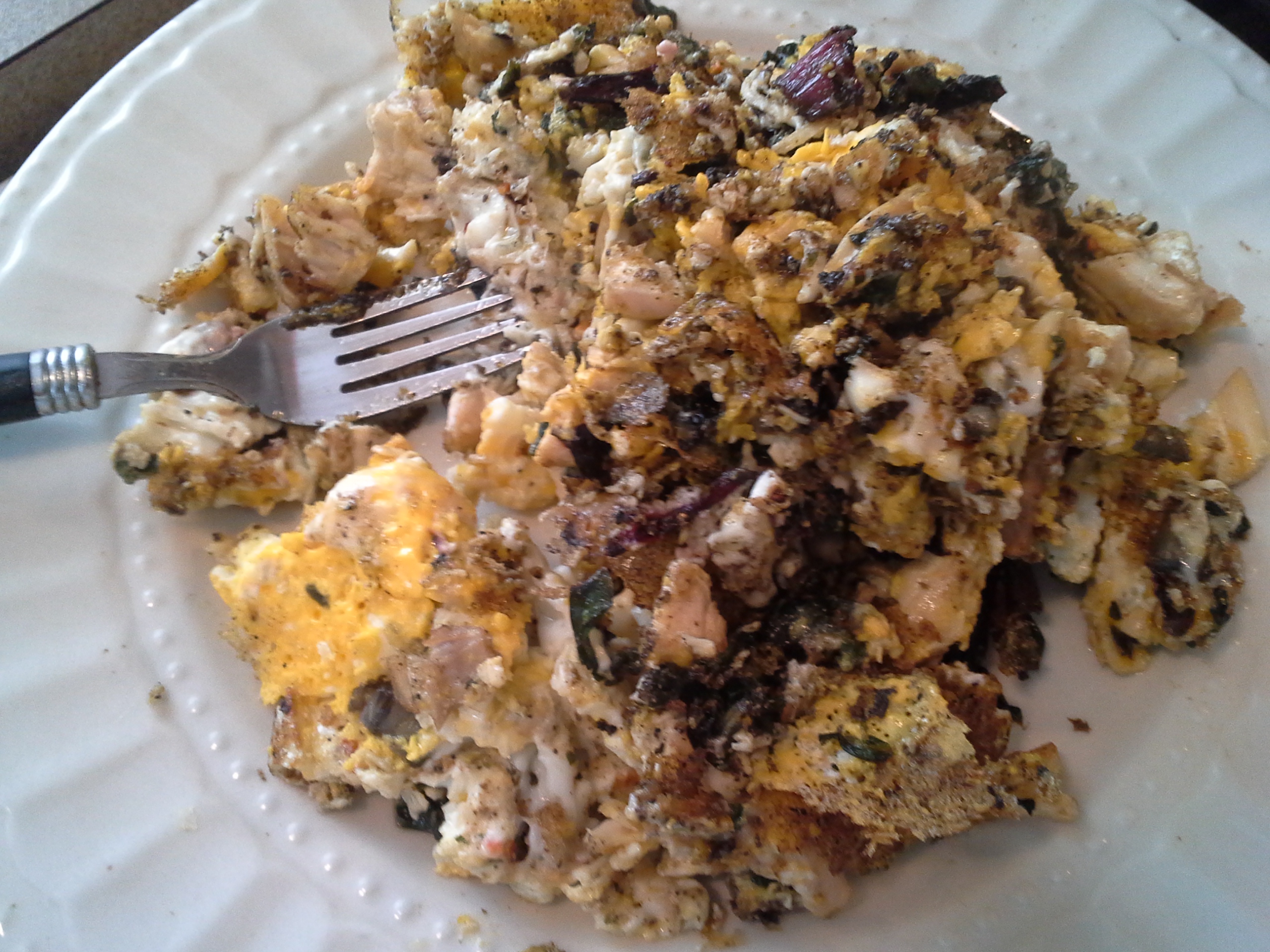 Breakfast: 11:30 a.m. | Leftover rotisserie chicken, 4 eggs, 2 oz. greens mix, 2 Tbsp. coconut oil, herbs & spices