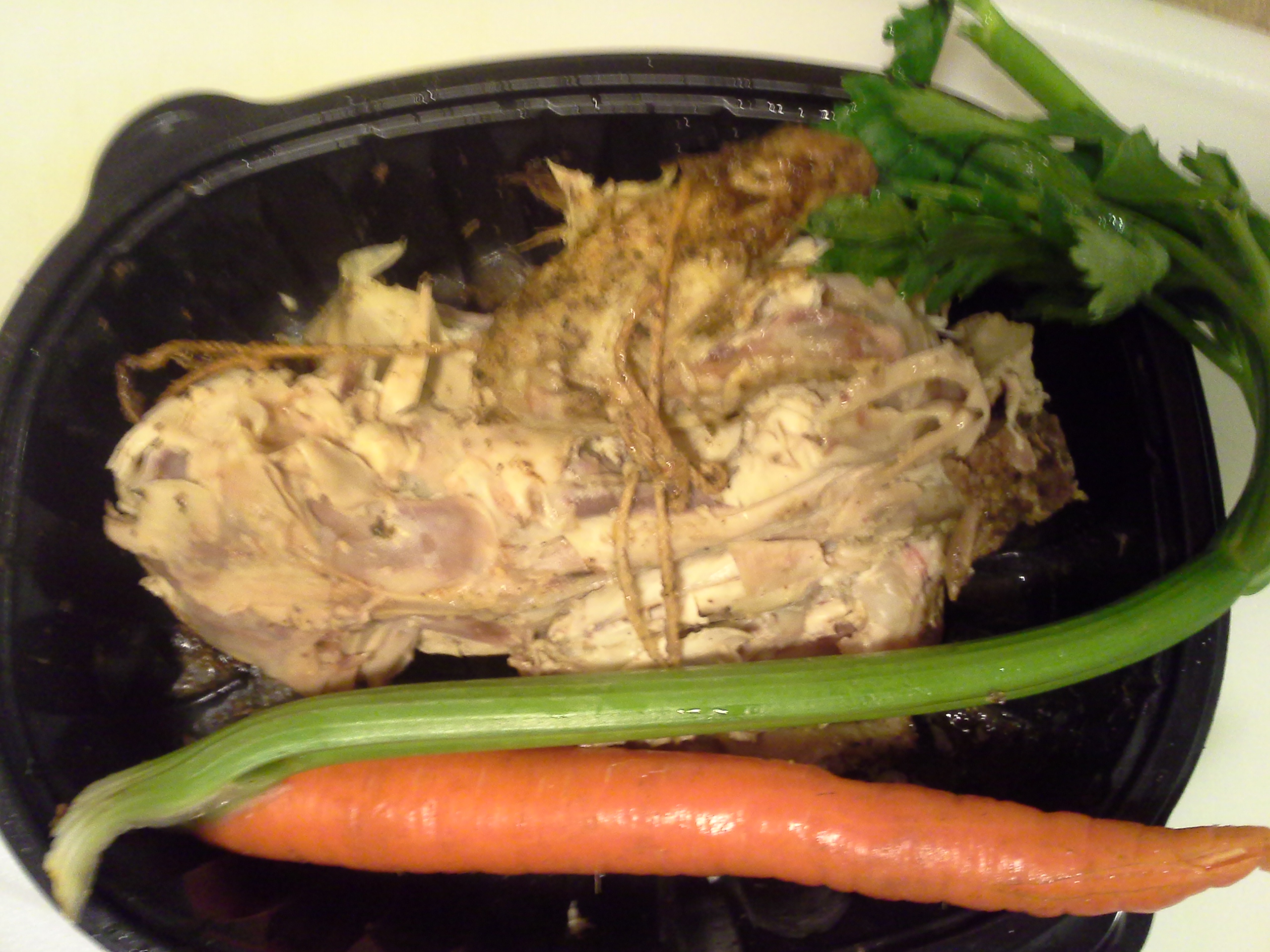 Dinner: 8:20 p.m. | Leftover rotisserie chicken, 1 carrot, 1 stalk celery