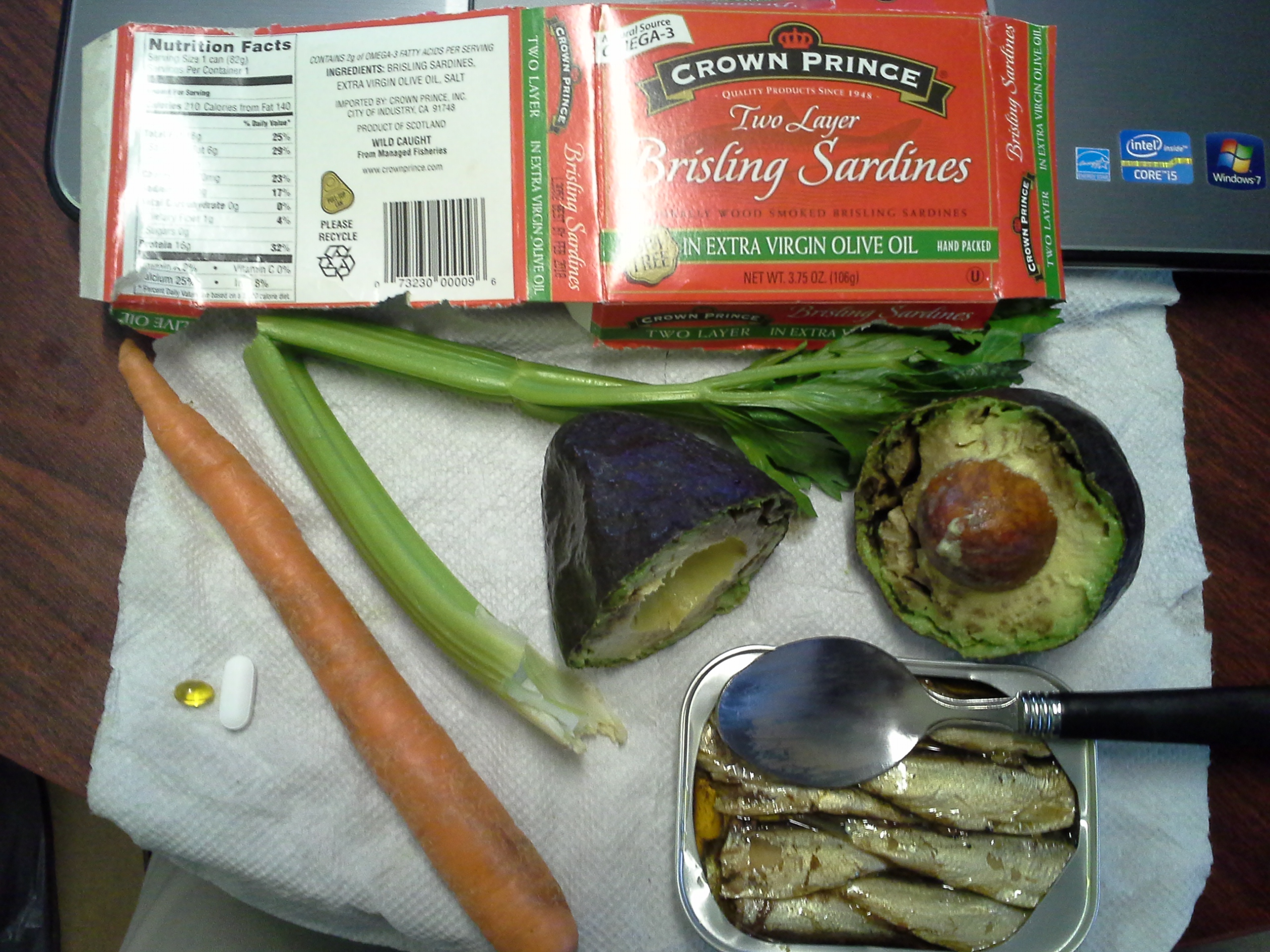 Lunch: 5:35 p.m. | 3.75 oz. sardines in olive oil, 1 avocado, 1 carrot, 1 stalk celery, 5,000 IU Vitamin D capsule, Calcium/Magnesium/Zinc caplet