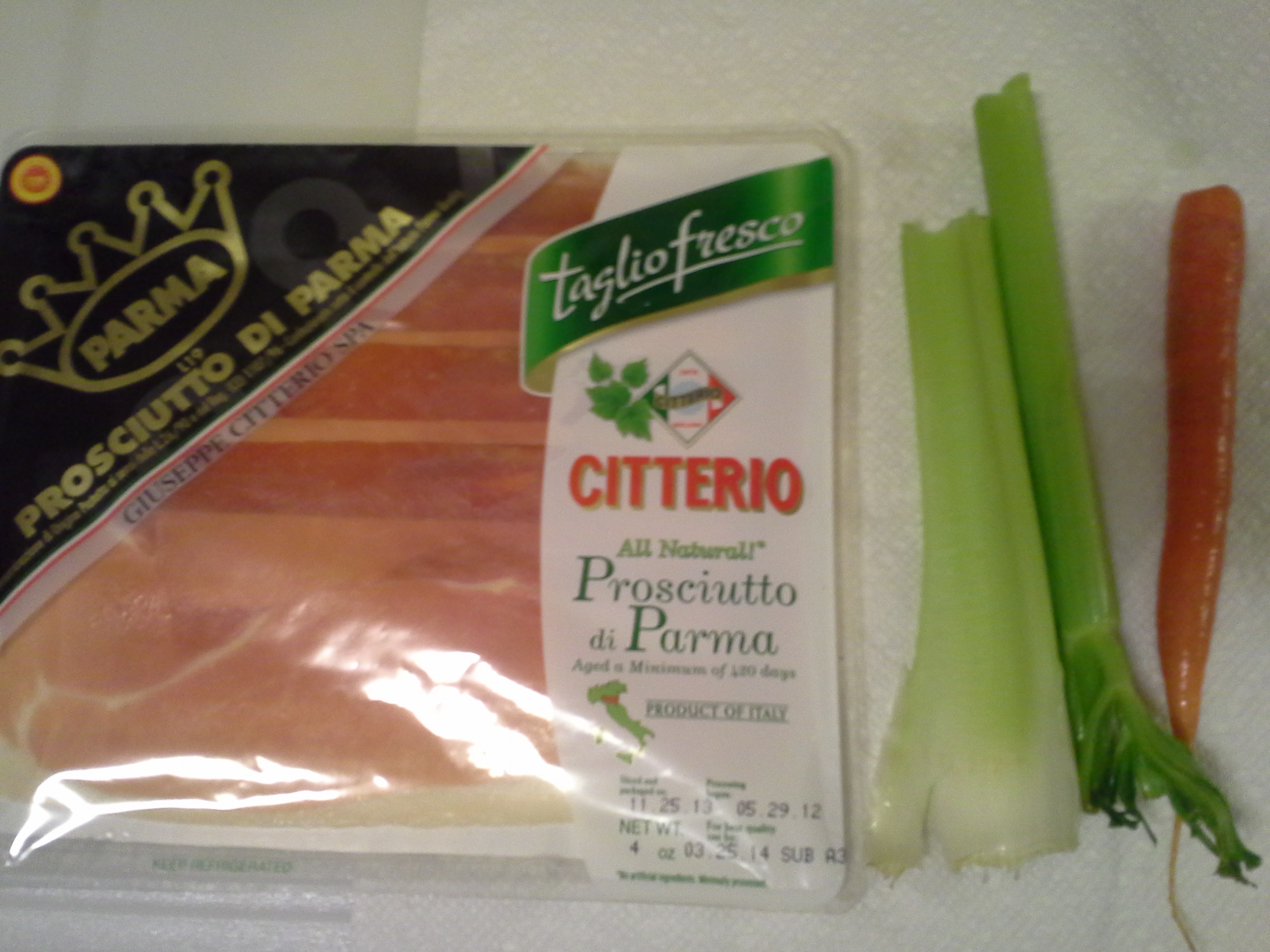 Dinner: 8:05 p.m. | 4 oz. prosciutto, 1 carrot, 1 stalk celery