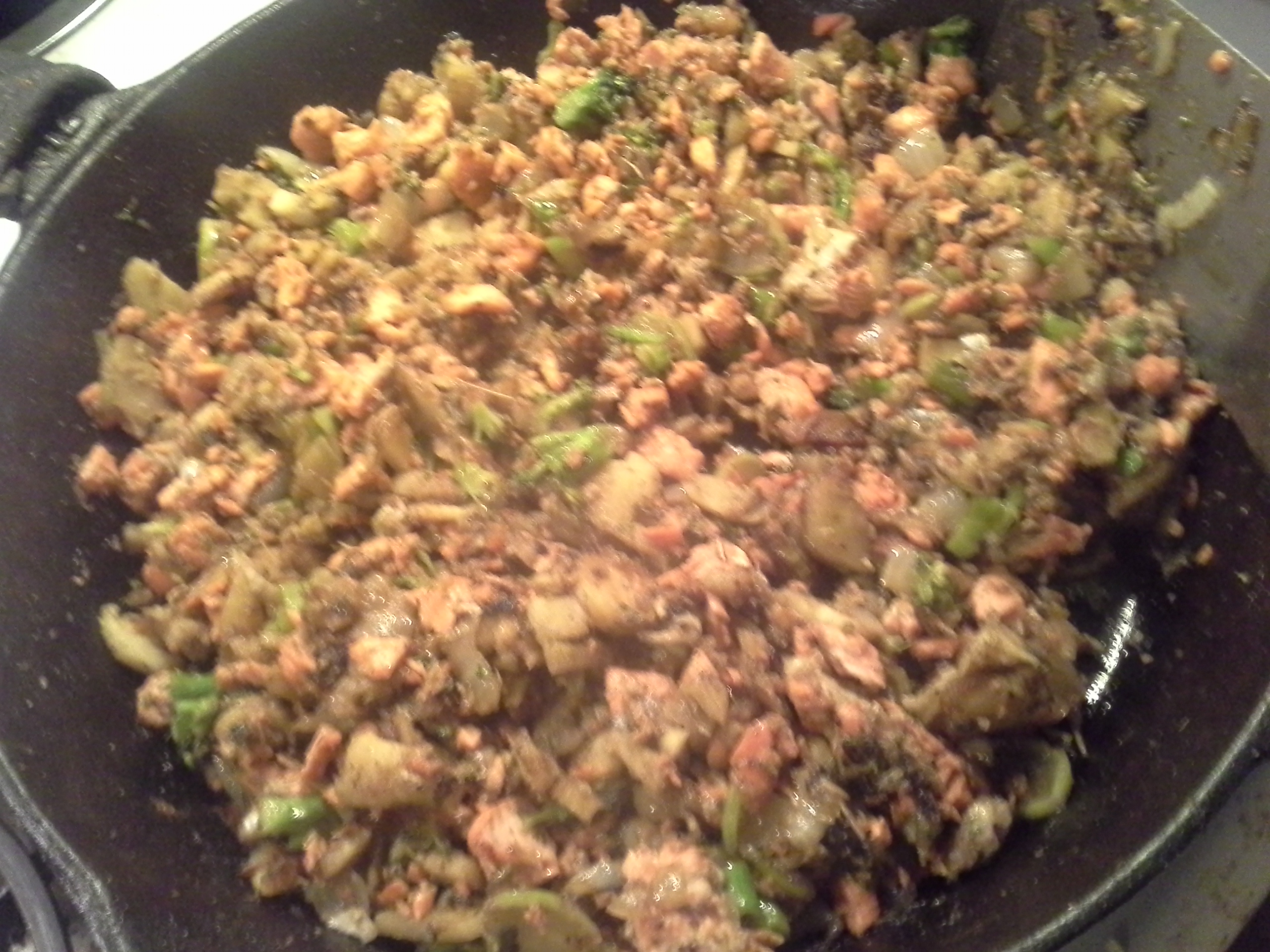 Dinner: 9:40 p.m. | 8 oz. salmon, 2 parsnips, 1/6 bunch broccoli, 1/2 sweet onion, 2 Tbsp. coconut oil, herbs & spices
