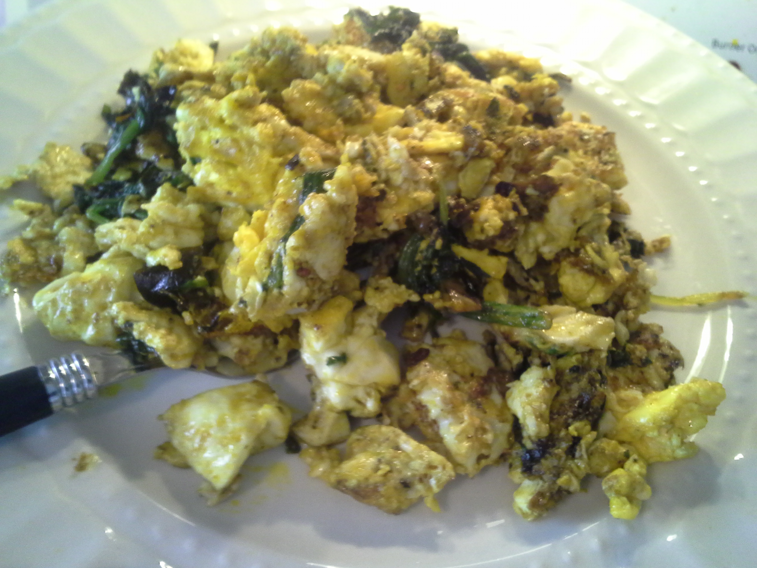 Breakfast: 11:10 a.m. | 4 eggs, greens mix, 2 Tbsp. red palm oil, herbs & spices