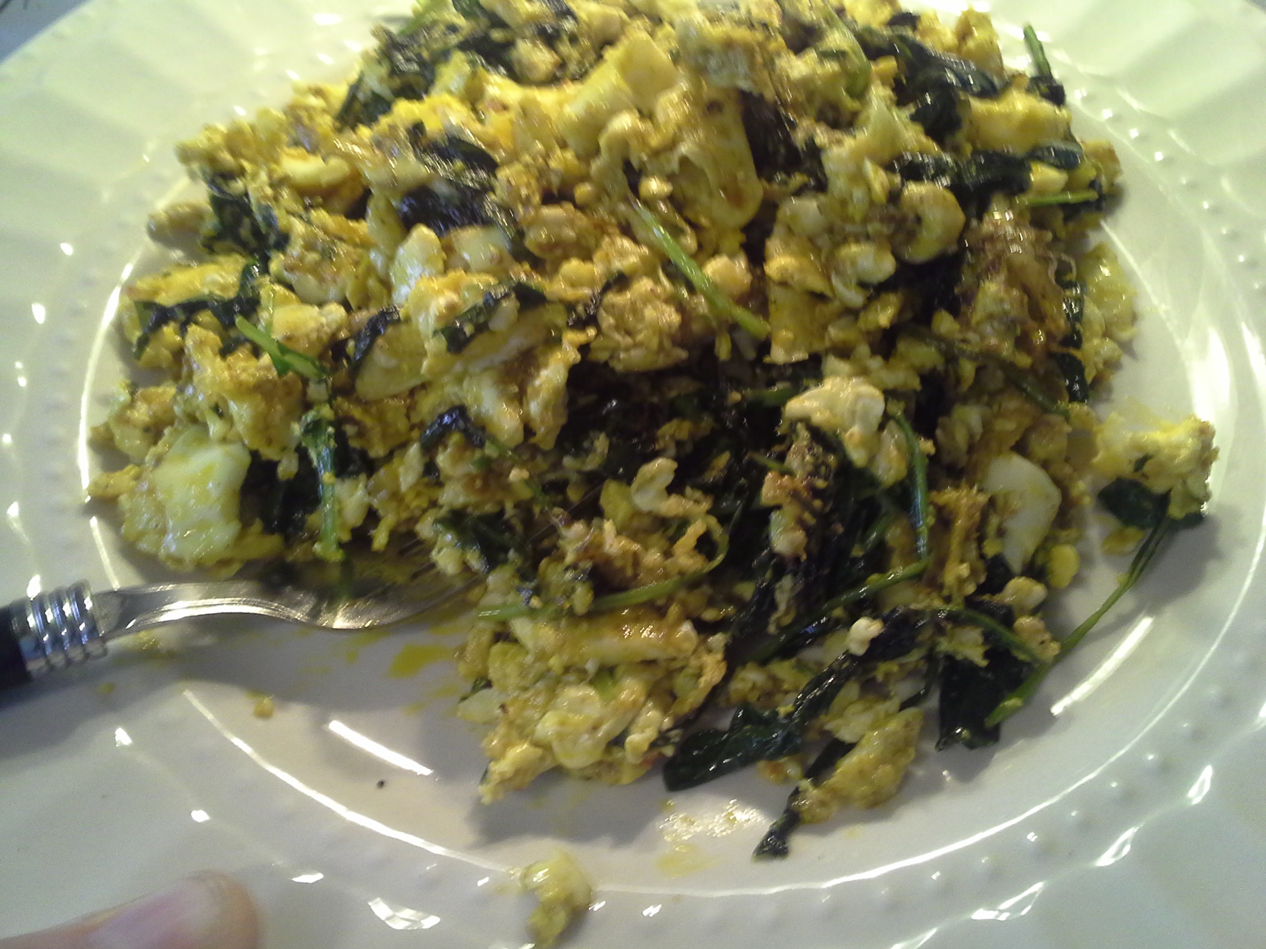 Breakfast: 10:40 a.m. | 4 eggs, greens mix, 2 Tbsp. red palm oil, herbs & spices