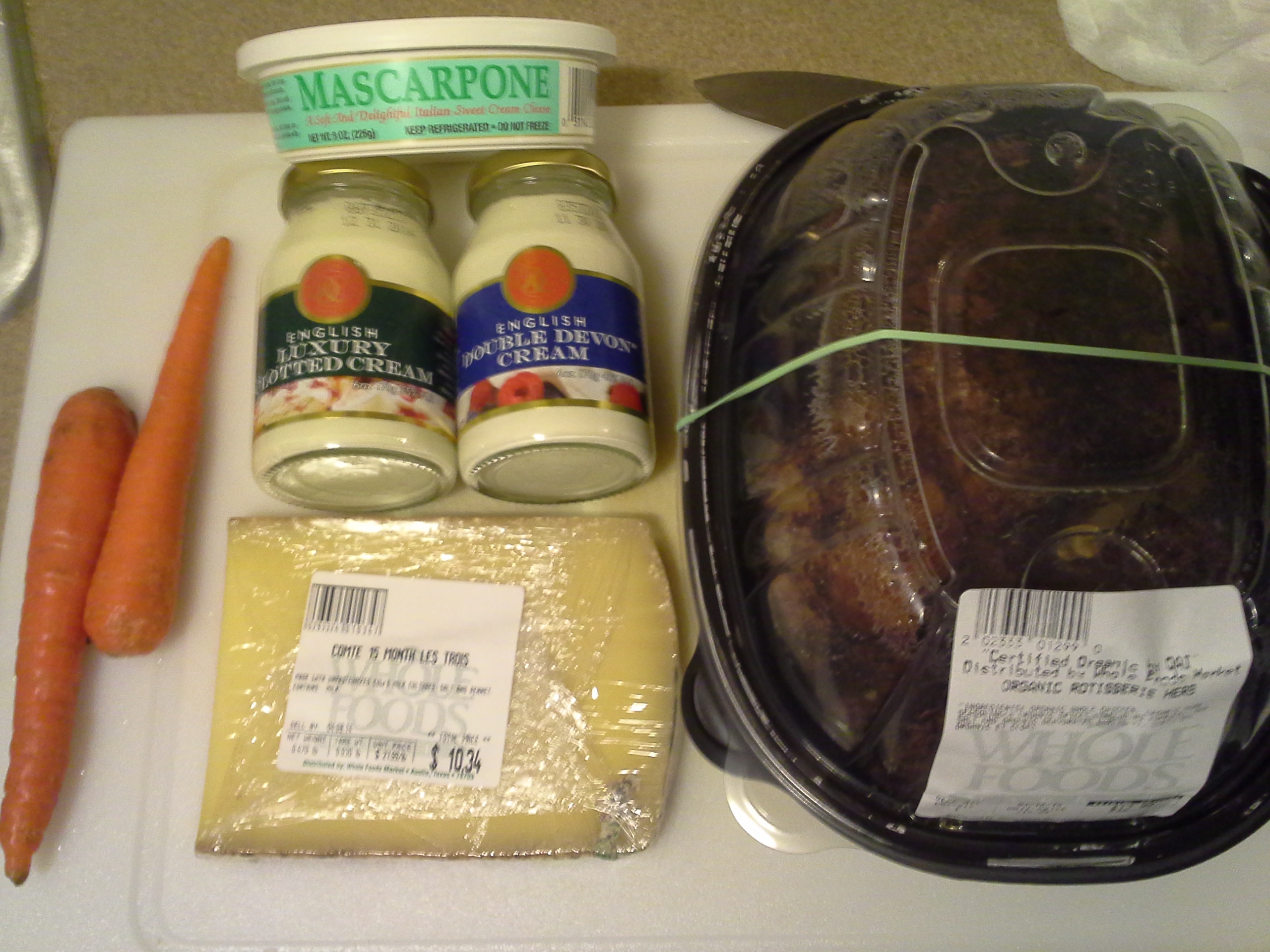 Dinner: 7:20 p.m. | Organic rotisserie chicken, 2 carrots, raw Comté cheese, mascarpone, clotted cream, double Devon cream